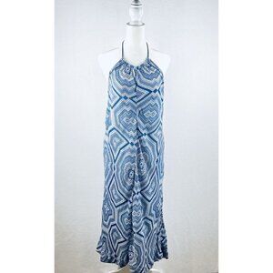 J Crew Dress Womens Large Blue Geometric Halter Hi Low Hem Tassel Tie Neck Boho